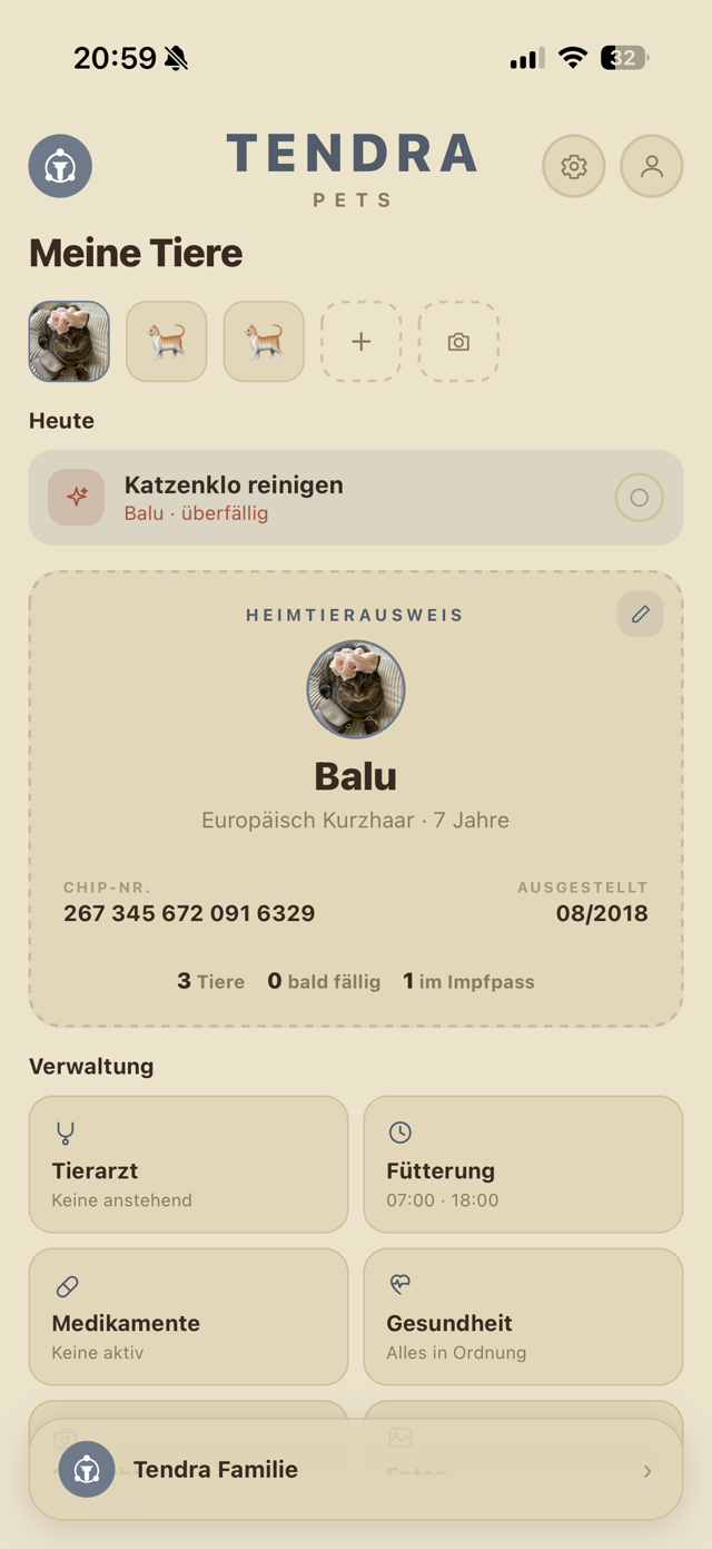Screenshot von Tendra Pets: digitaler Heimtierausweis